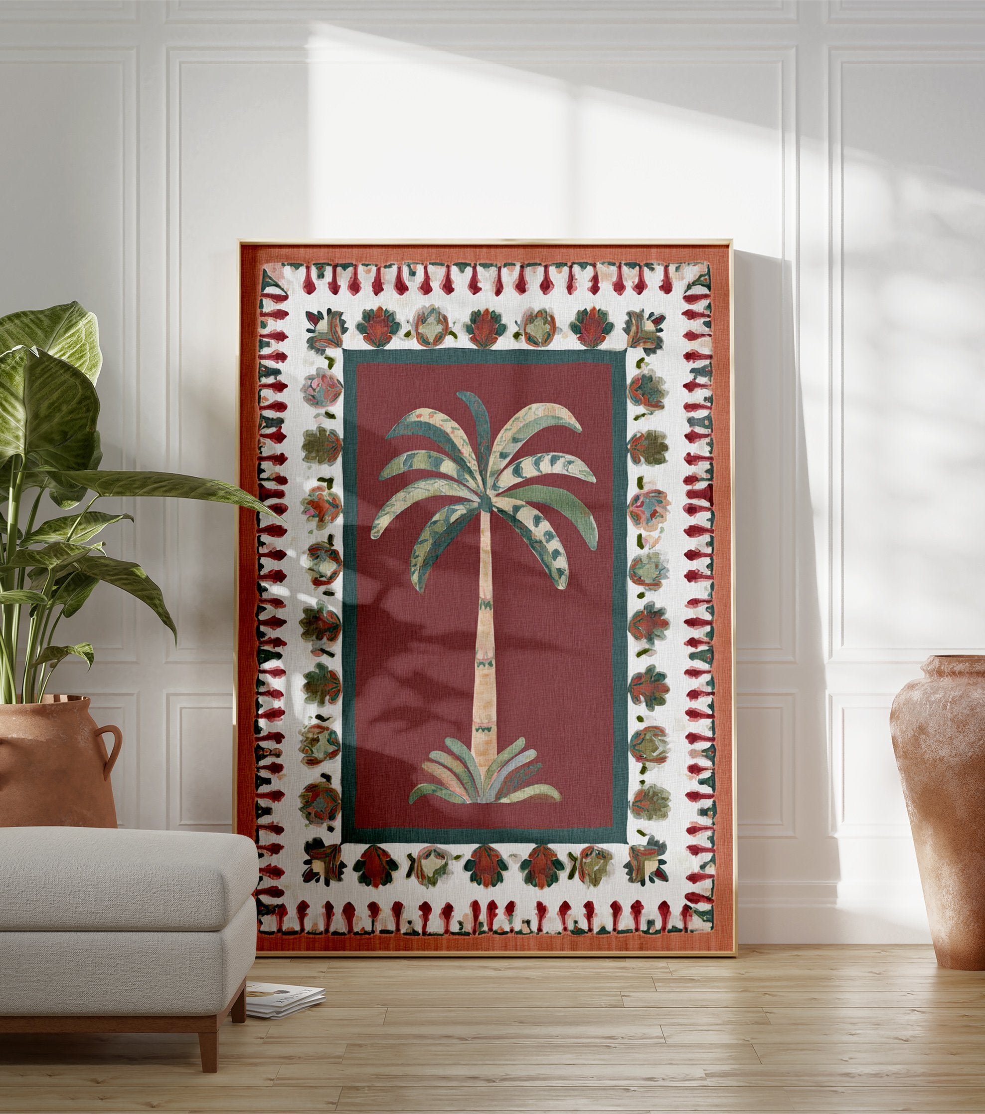 Red Palm Tree Poster with an illustrated botanical palm tree and intricate cultural border patterns in green and terracotta. - Image 3