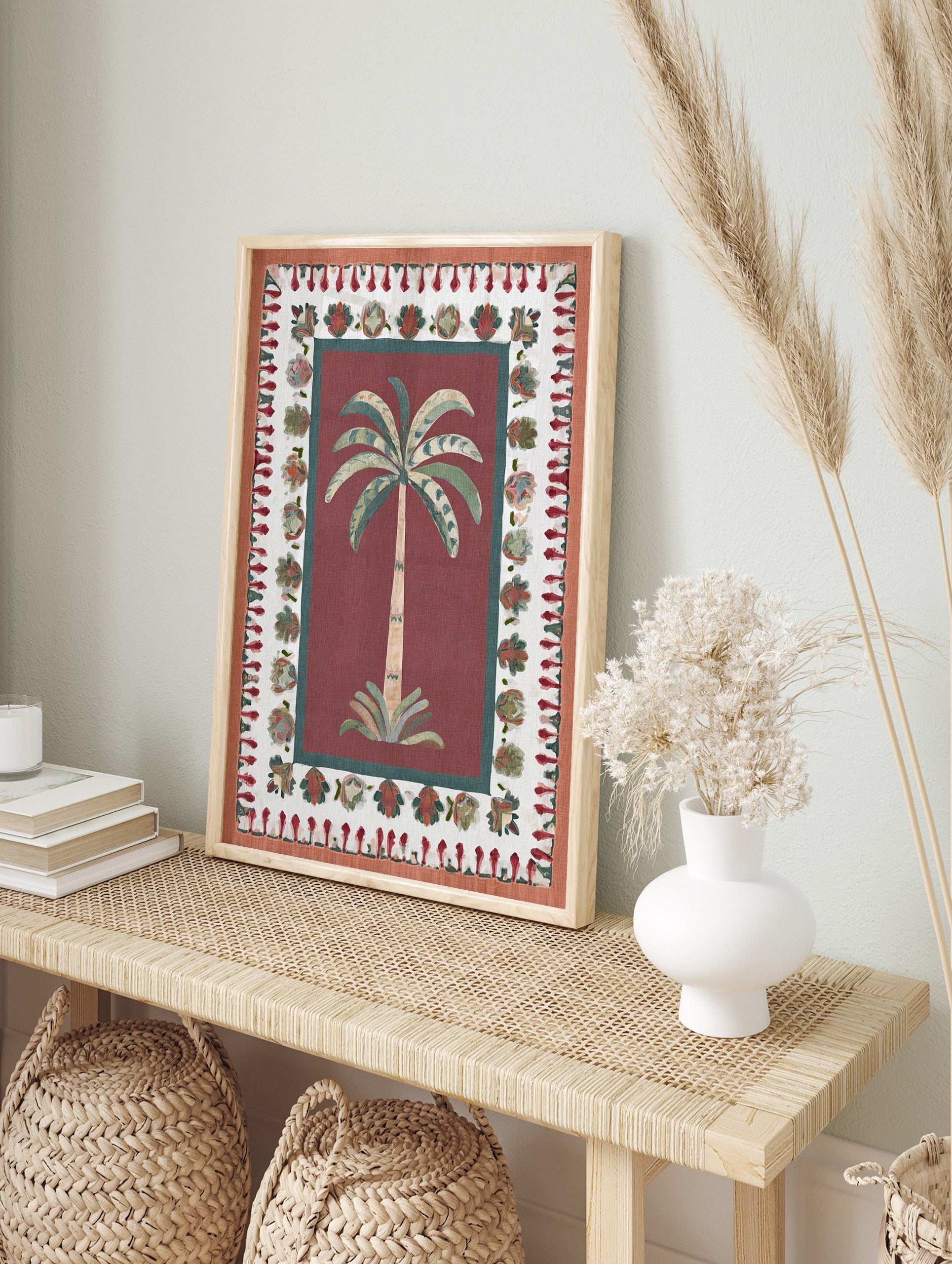 Red Palm Tree Poster with an illustrated botanical palm tree and intricate cultural border patterns in green and terracotta. - Image 4