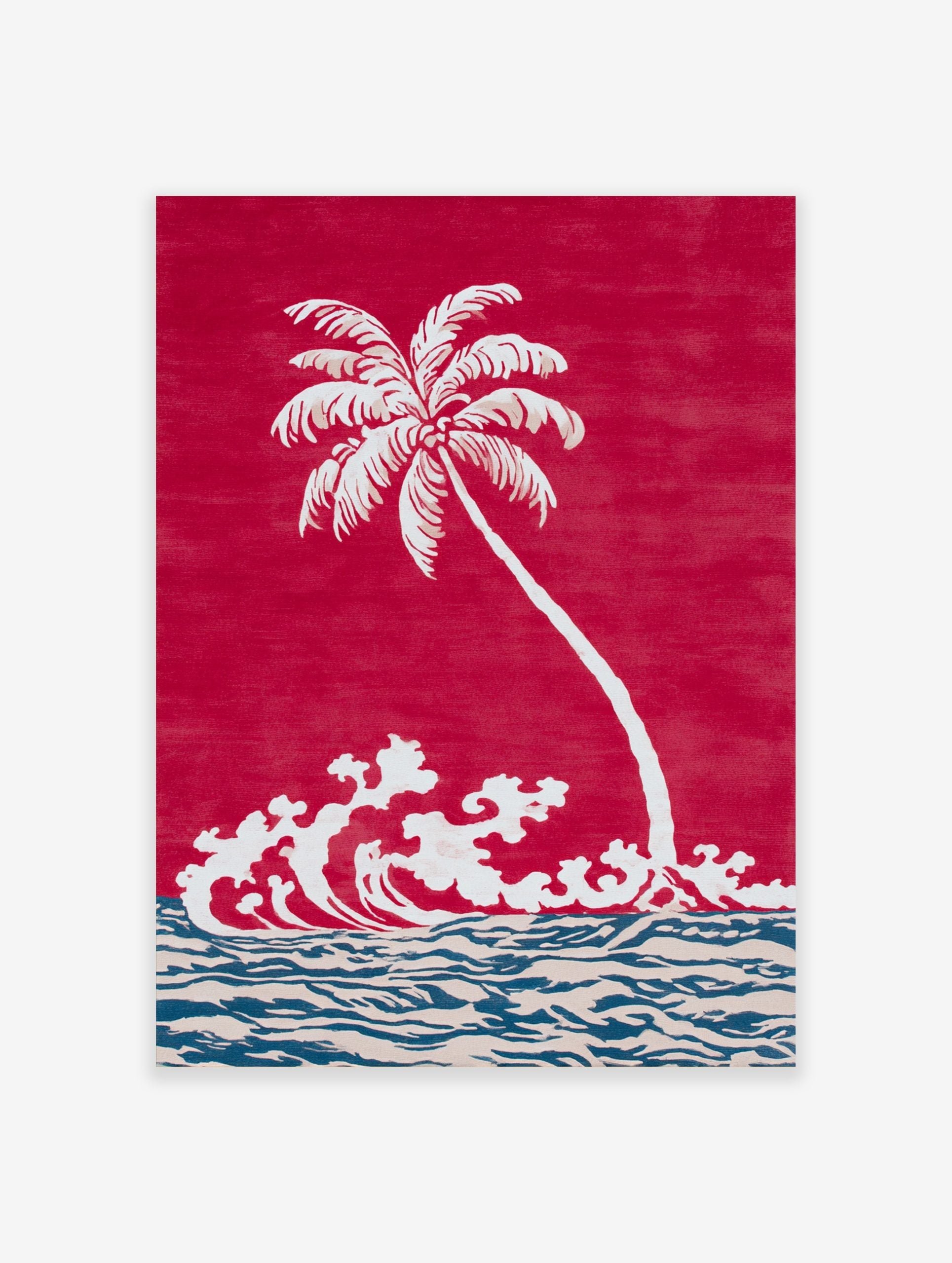 White palm tree and crashing waves illustration on a red background with blue and beige ocean