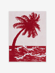 Red palm tree and ocean waves art print in an illustrative, high-contrast two-tone style