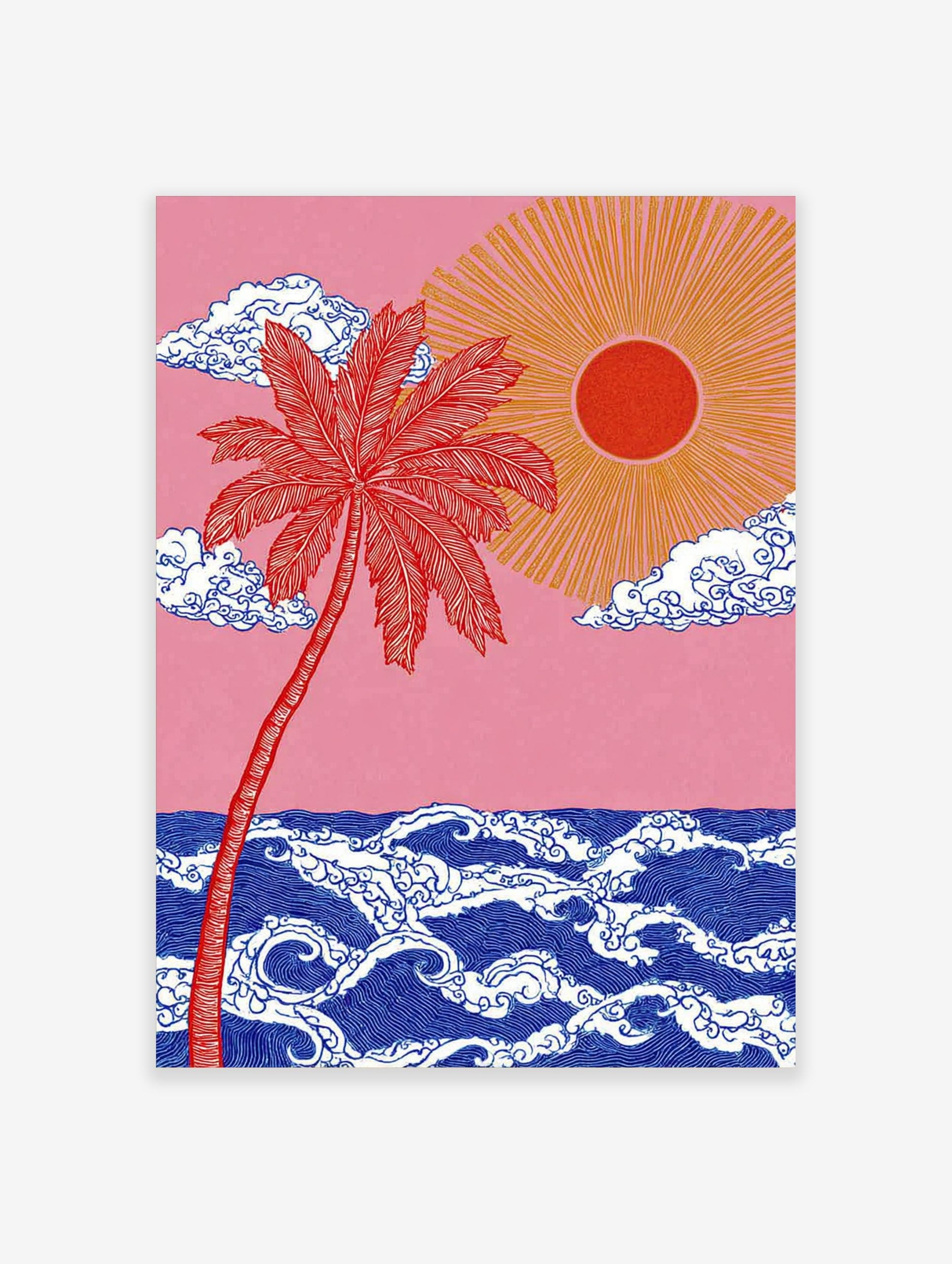 Red palm tree and golden sun over stylised blue ocean waves against a pink sky, illustrative art print