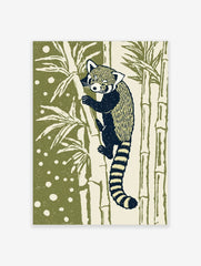Illustrative red panda climbing bamboo art print with dark navy and cream fur, olive green background with white dots