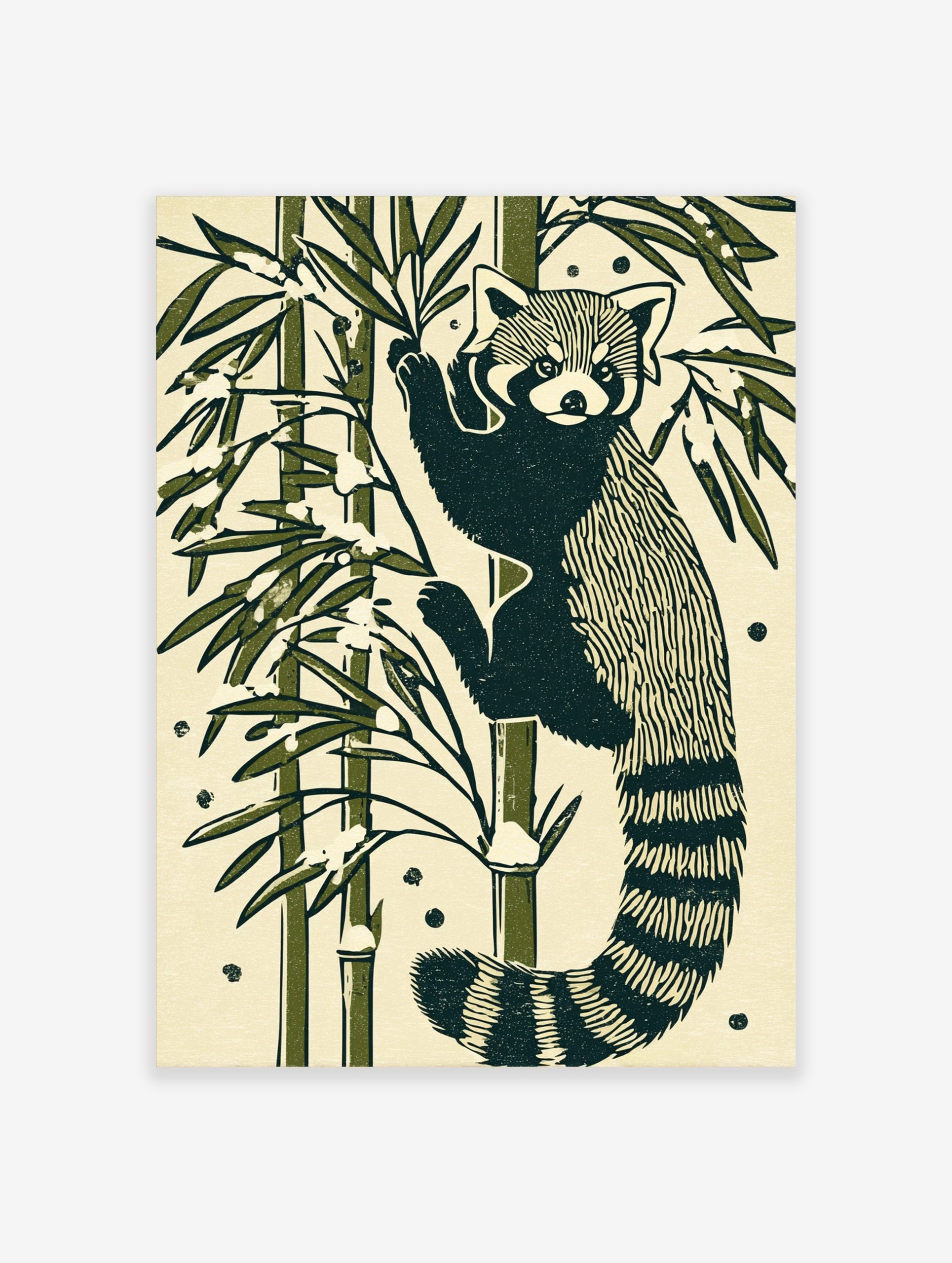Illustrative red panda climbing bamboo stalk with green leaves and snow on a cream background, woodcut style