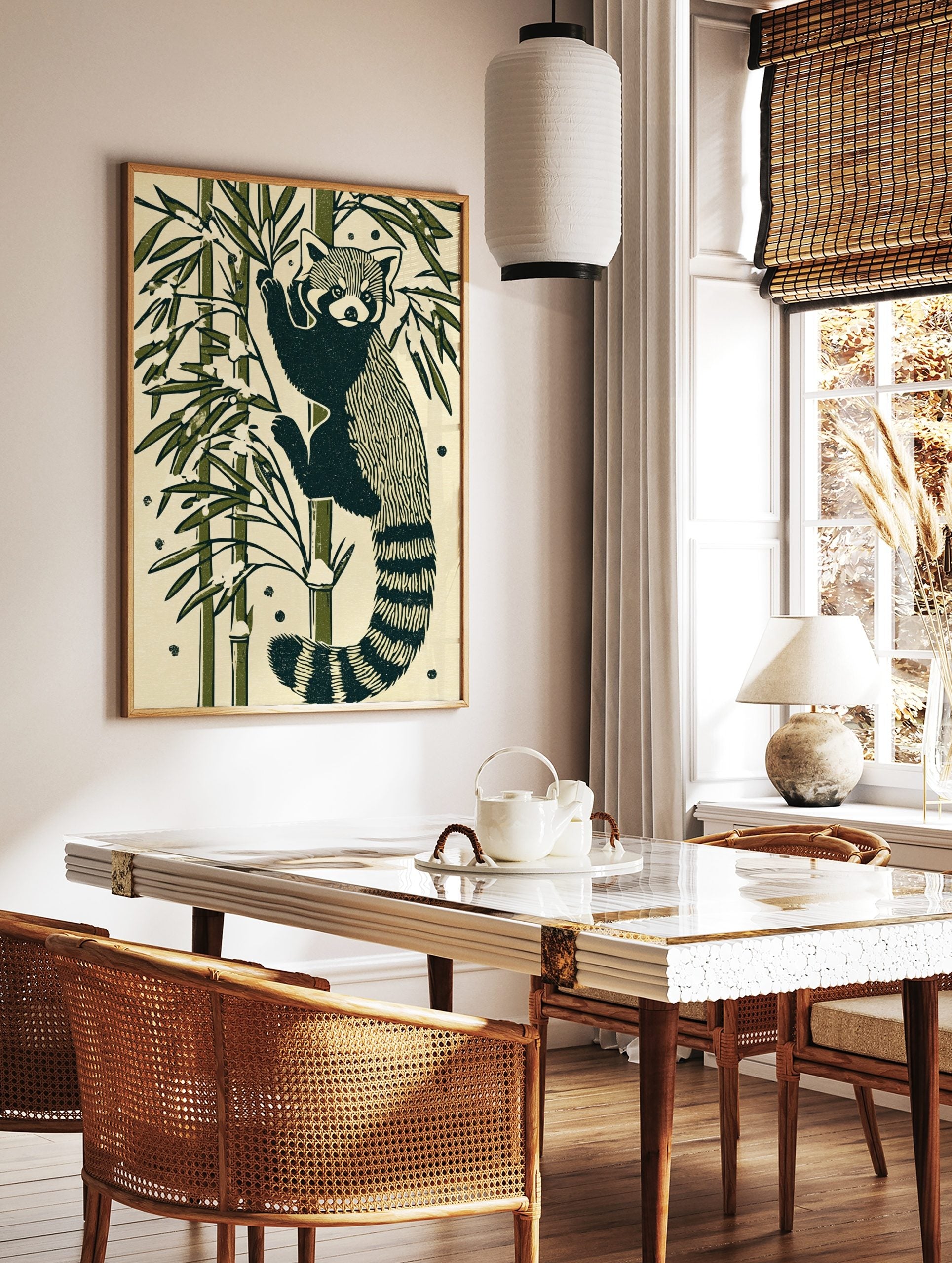 Illustrative red panda climbing bamboo stalk with green leaves and snow on a cream background, in a styled room mockup