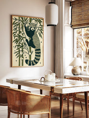 Illustrative red panda climbing bamboo stalk with green leaves and snow on a cream background, in a styled room mockup