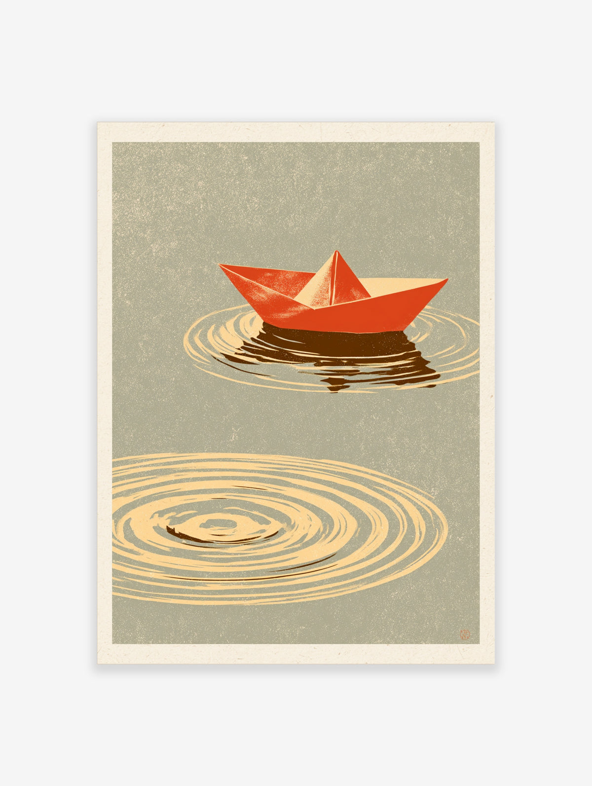 Red origami paper boat floating on rippled water, minimalist screen-print poster with sage background