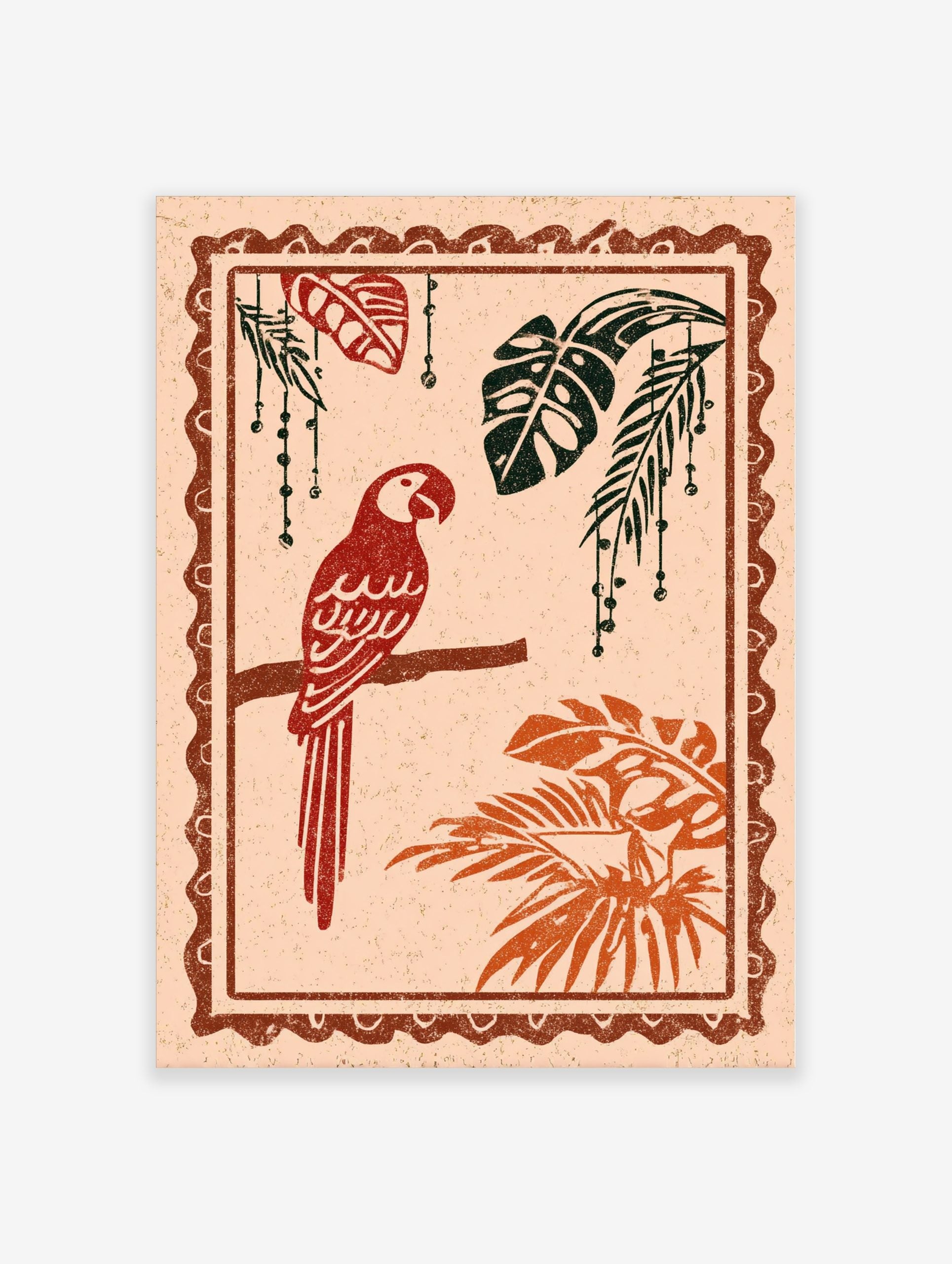 Red parrot illustration perched on a branch with tropical monstera and palm leaves, distressed style