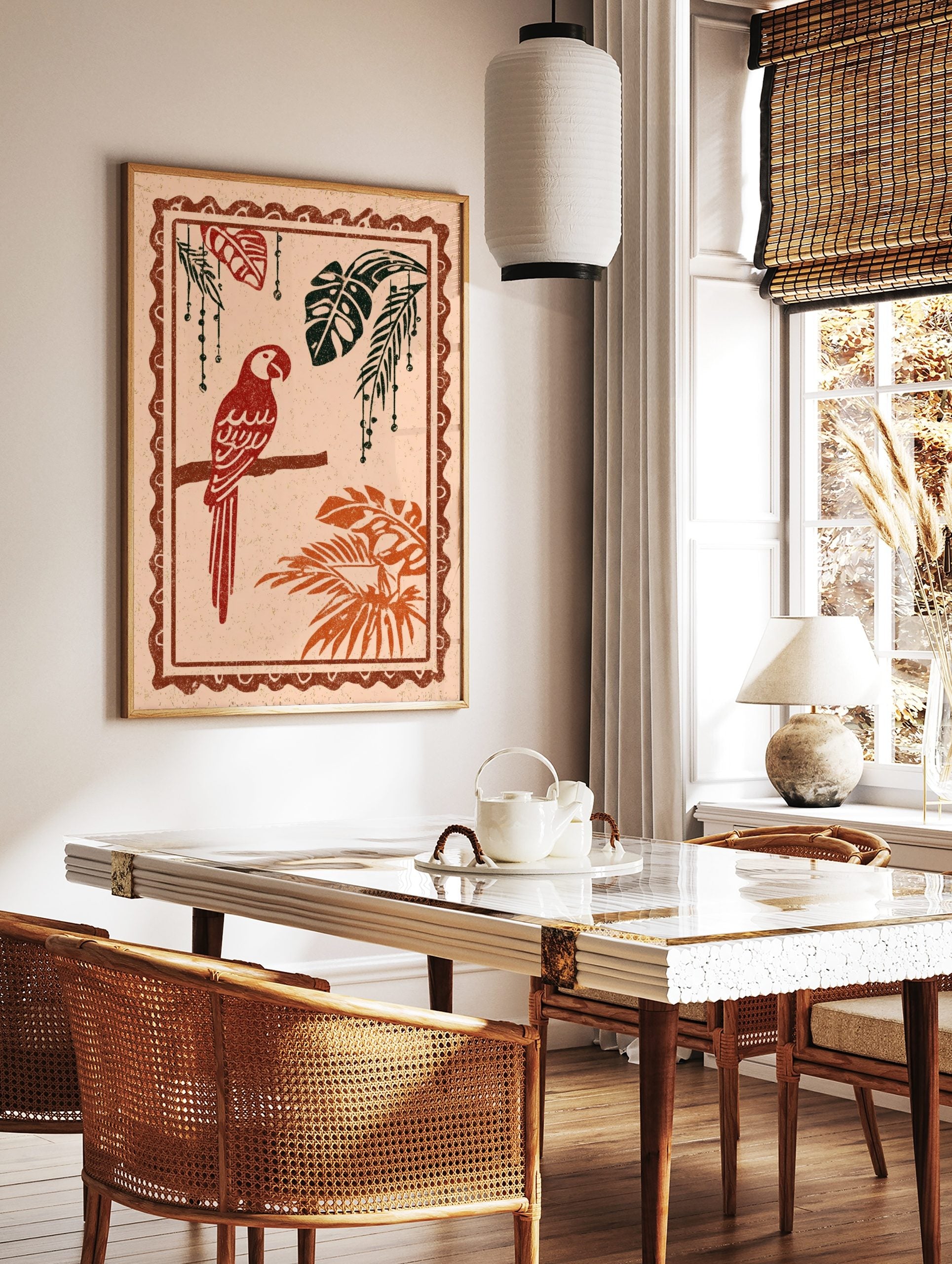 Red parrot illustration perched on a branch with tropical monstera and palm leaves, distressed style, in a styled room mockup