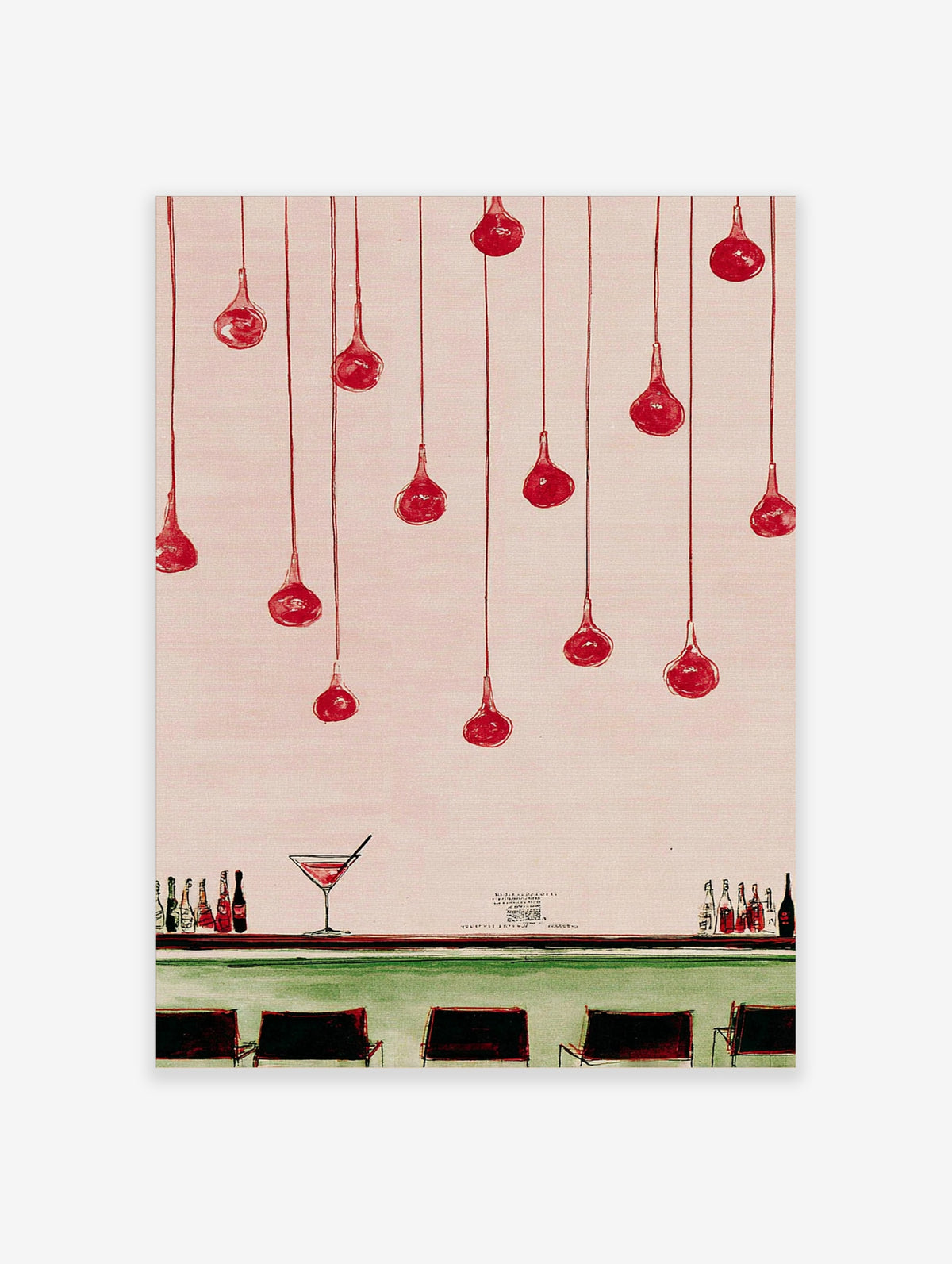 Red pendant lights hanging over a bar with cocktail glass and bottles, watercolor style, pink background