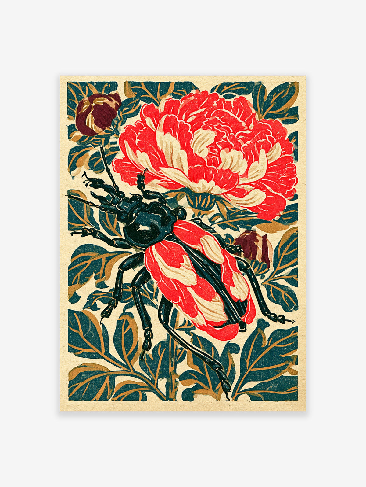 Red peony and black beetle Japanese woodblock style art print with teal leaves and cream buds