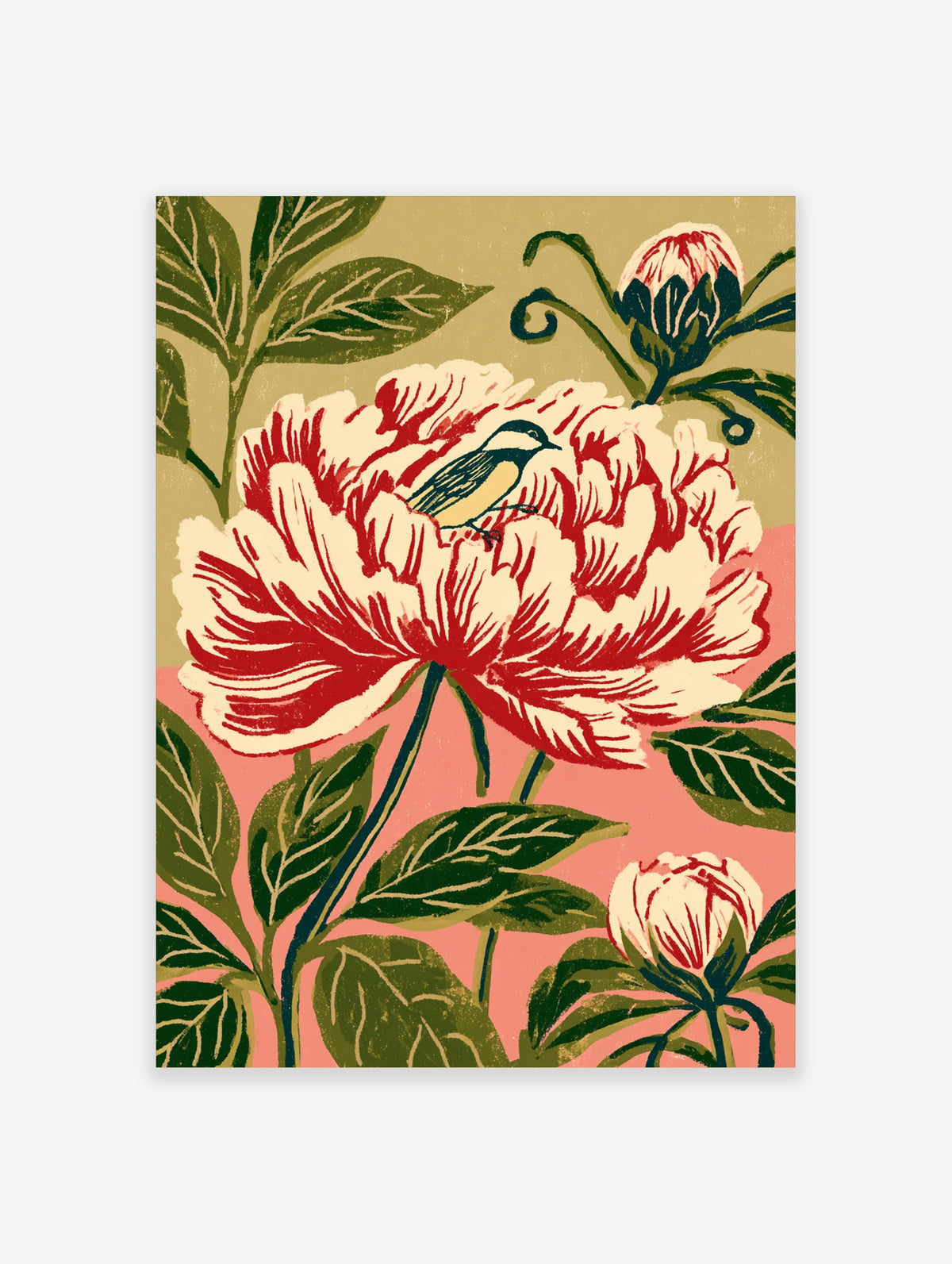 Red and cream peony flower art print with a small perched bird and green leaves on a beige and pink background