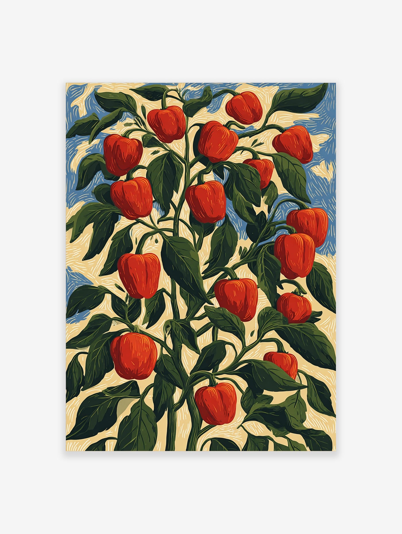 Red pepper plant illustration with red peppers and green leaves on blue and beige background