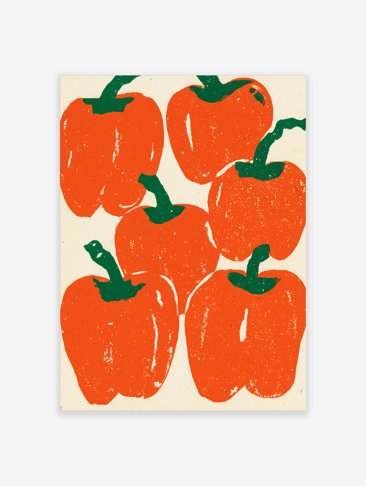 Red pepper poster with five stacked bell peppers in orange-red and green on a cream background