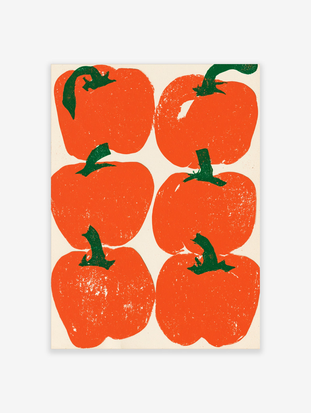 Retro red pepper art print with six orange-red peppers and green stems on a cream background