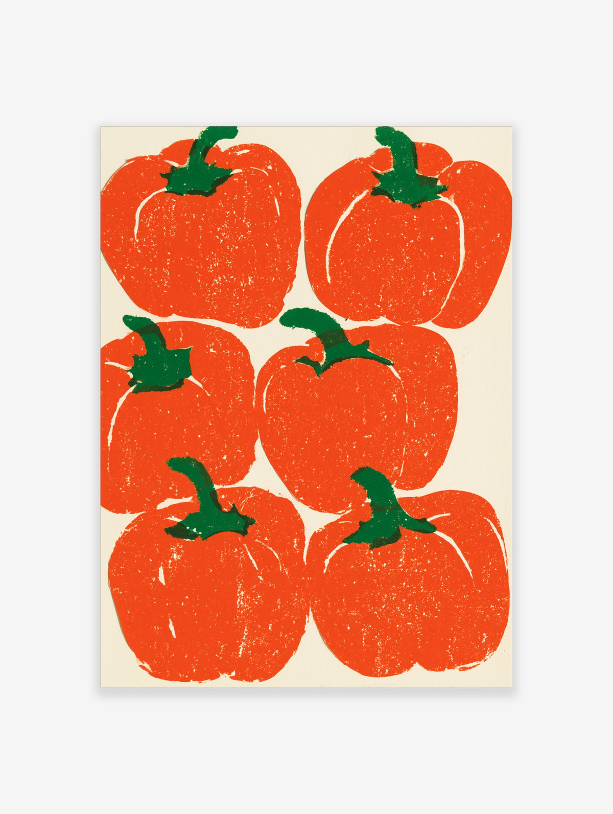 Red pepper wall art print with six block-printed bell peppers and green stems on cream background