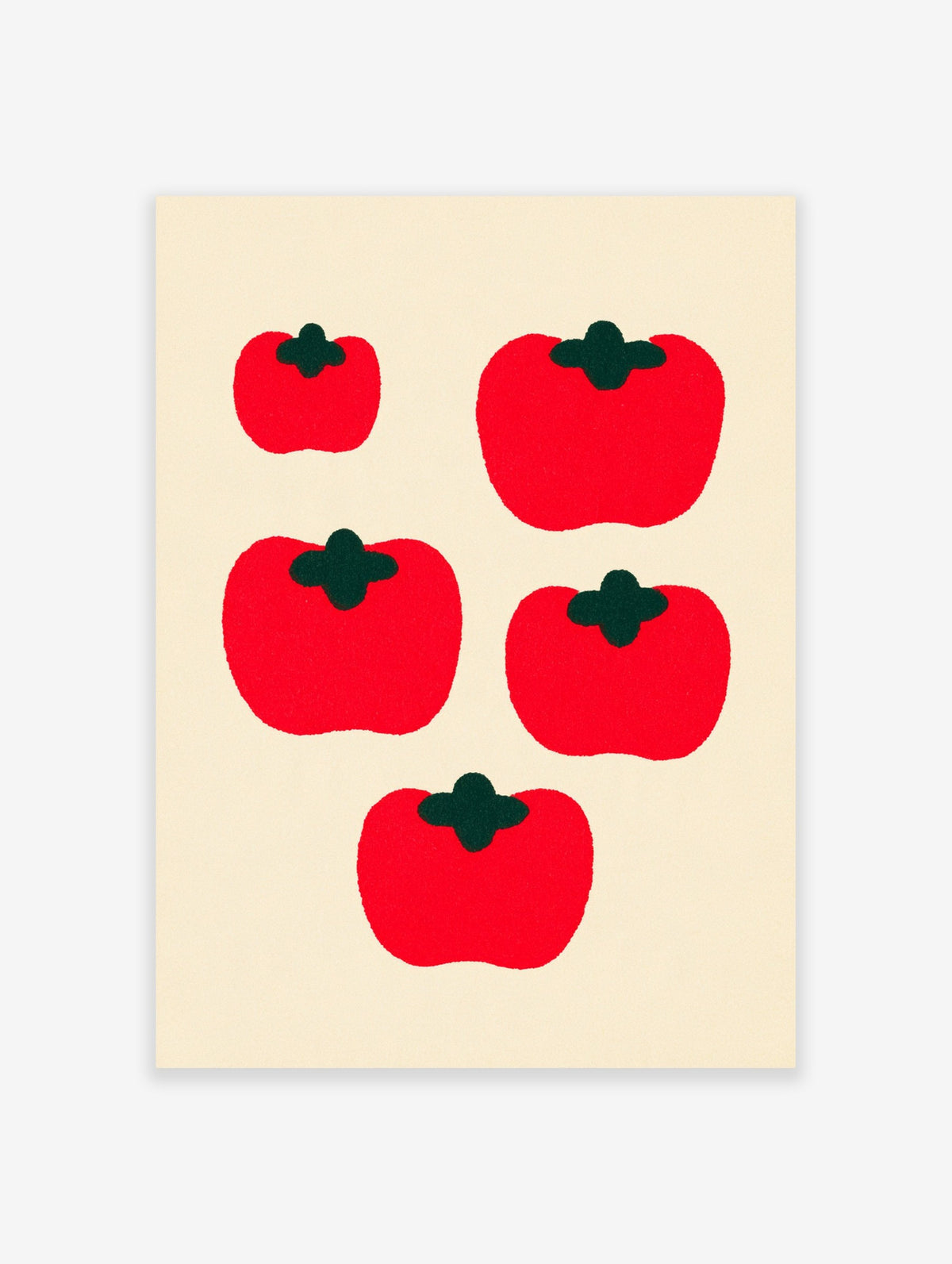 Minimalist red persimmon fruit illustration with green stems on a cream background, botanical wall art print