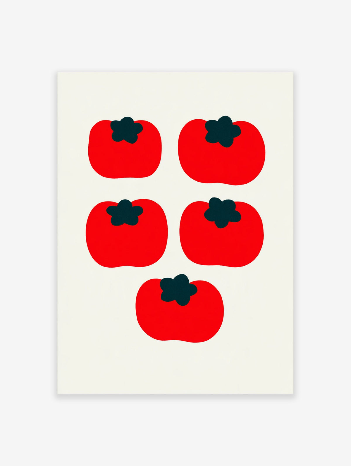 Minimalist red persimmon fruit illustration with dark green stems on a neutral background, botanical wall art print