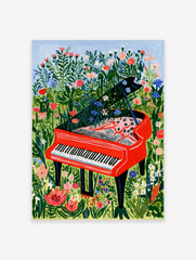 Illustration of a bright red grand piano sitting in a field of wildflowers with flowers growing out of the open lid