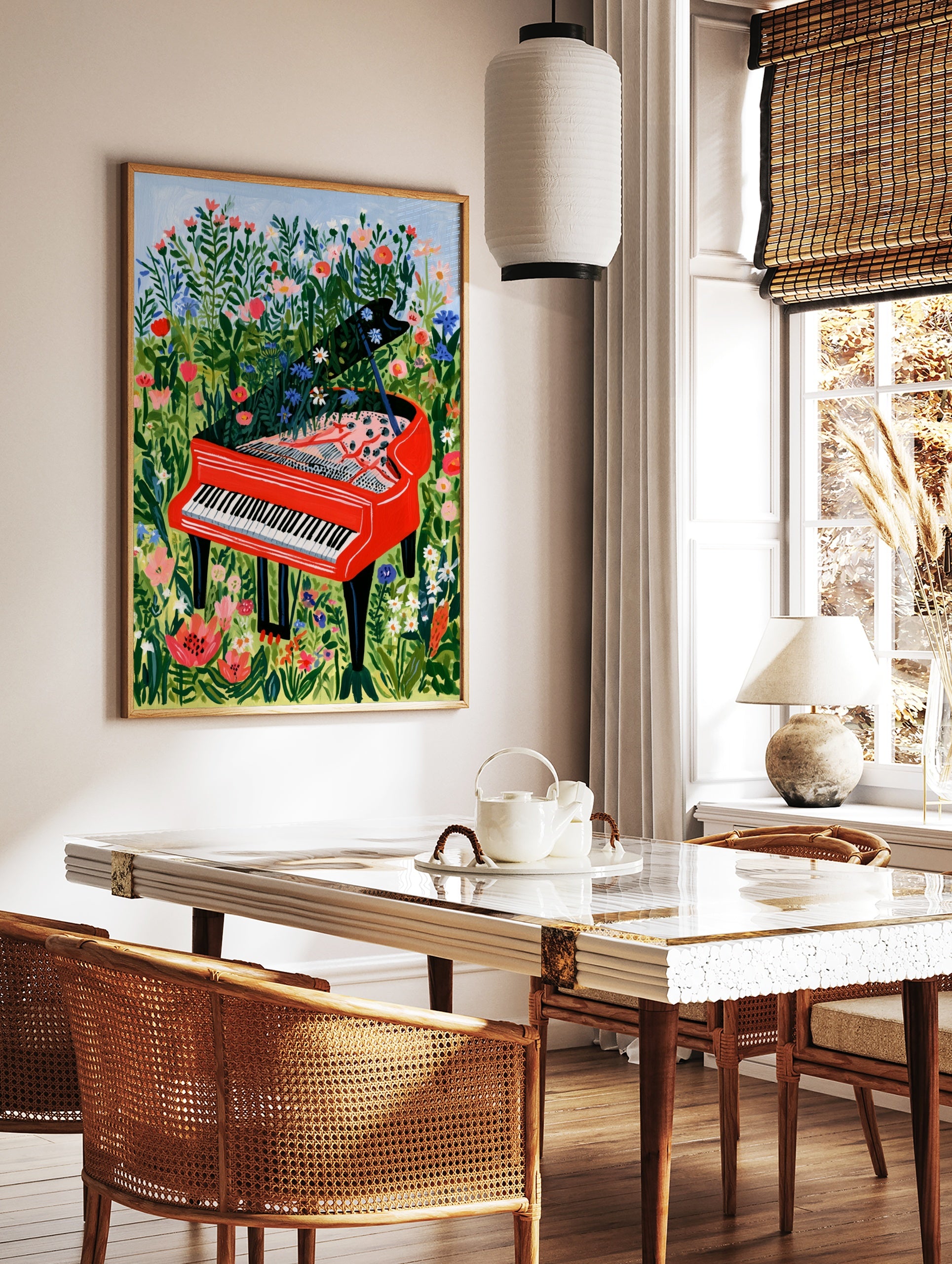 Illustration of a bright red grand piano sitting in a field of wildflowers with flowers growing out, in a styled room mockup