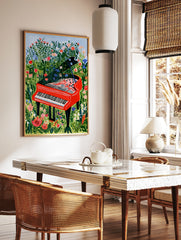 Illustration of a bright red grand piano sitting in a field of wildflowers with flowers growing out, in a styled room mockup