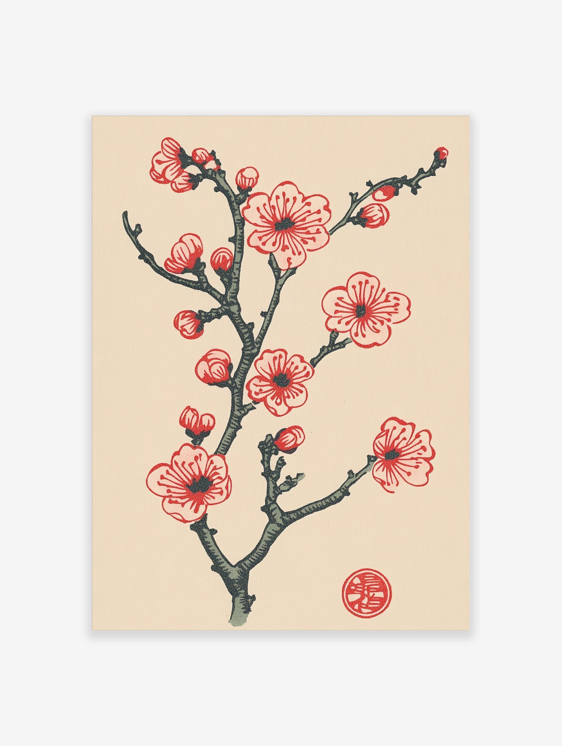 Red and pink plum blossom branch illustration with buds, dark grey stem, and a red circular seal on a beige background