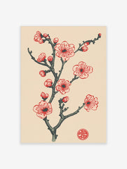 Red and pink plum blossom branch illustration with buds, dark grey stem, and a red circular seal on a beige background