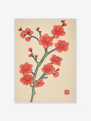 Red plum blossom branch with multiple flowers and buds, Japanese woodblock print style