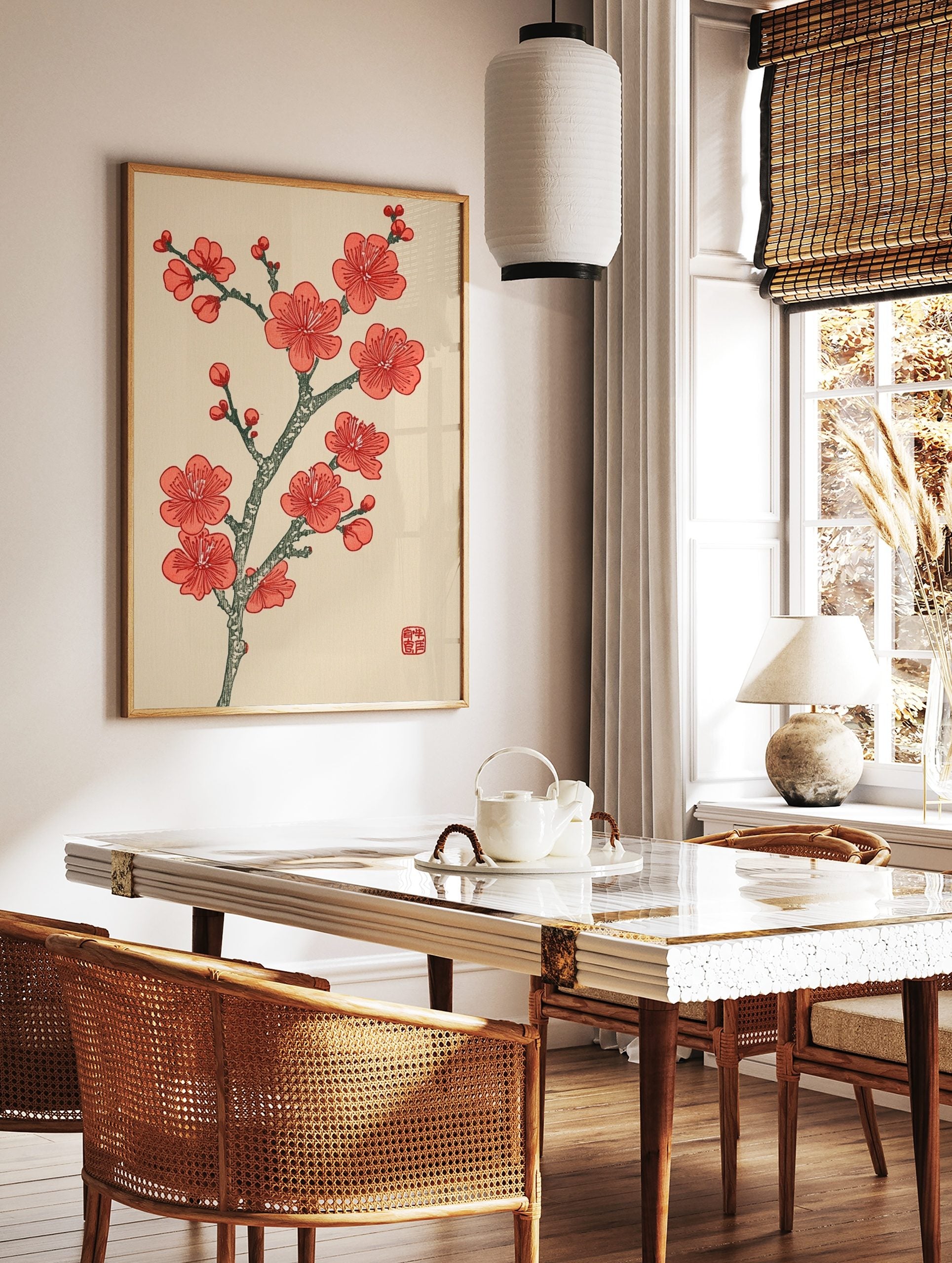 Red plum blossom branch with multiple flowers and buds, Japanese woodblock print style, in a styled room mockup
