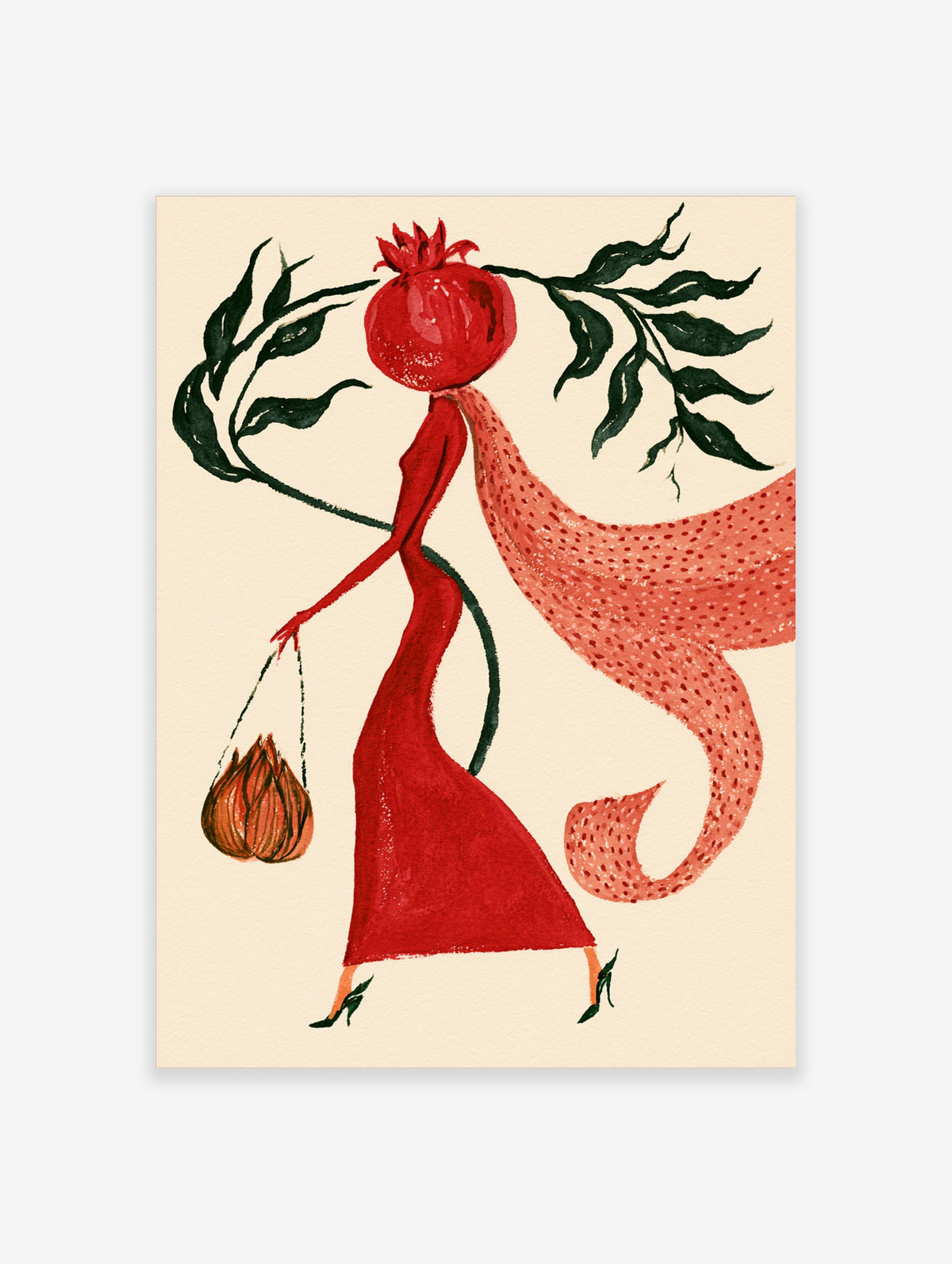 Surreal red pomegranate figure with spotted scarf and green leaves art print on cream background