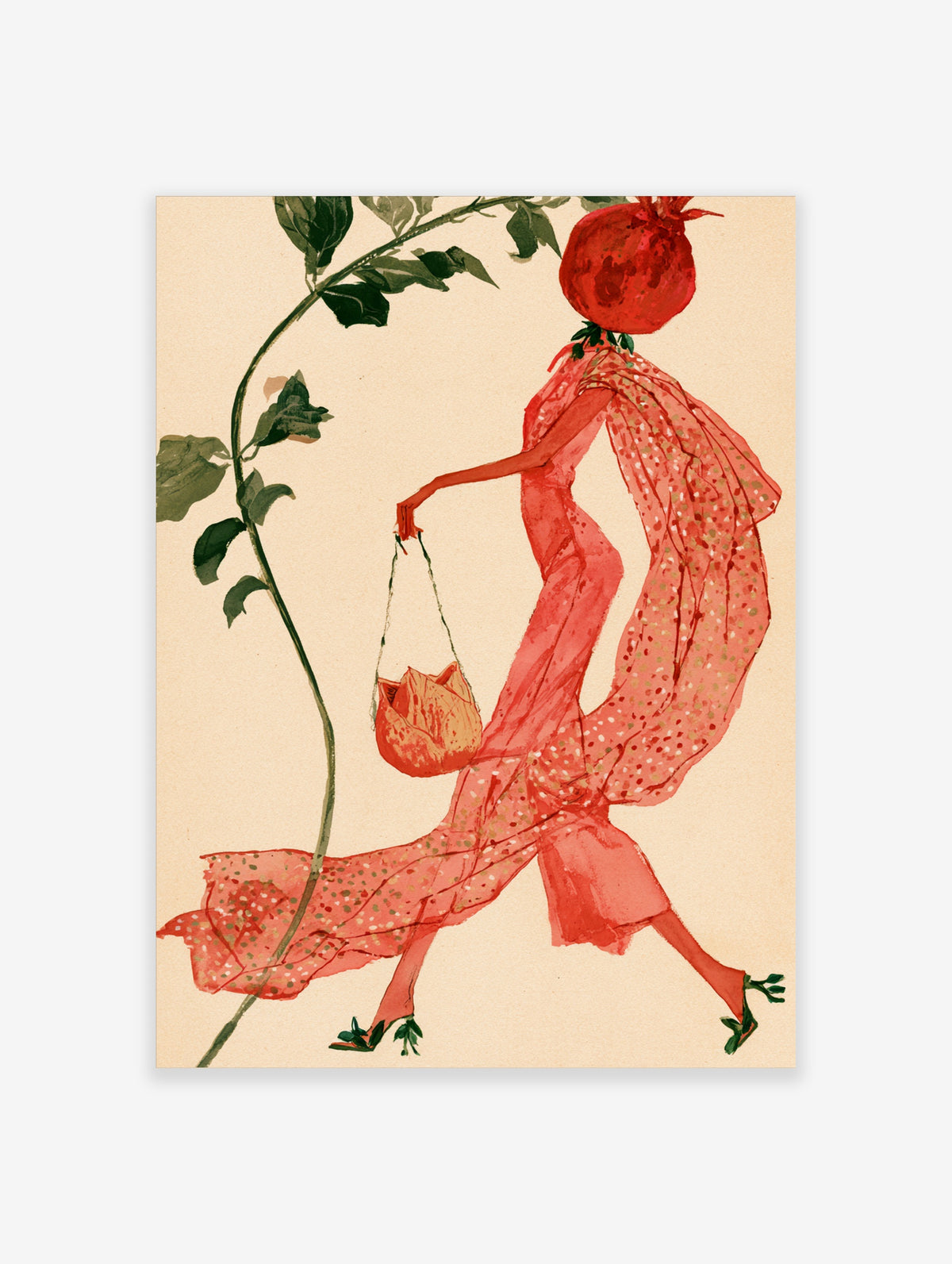 Surreal illustration of a woman with a red pomegranate head, wearing a flowing red gown and holding a tulip bag
