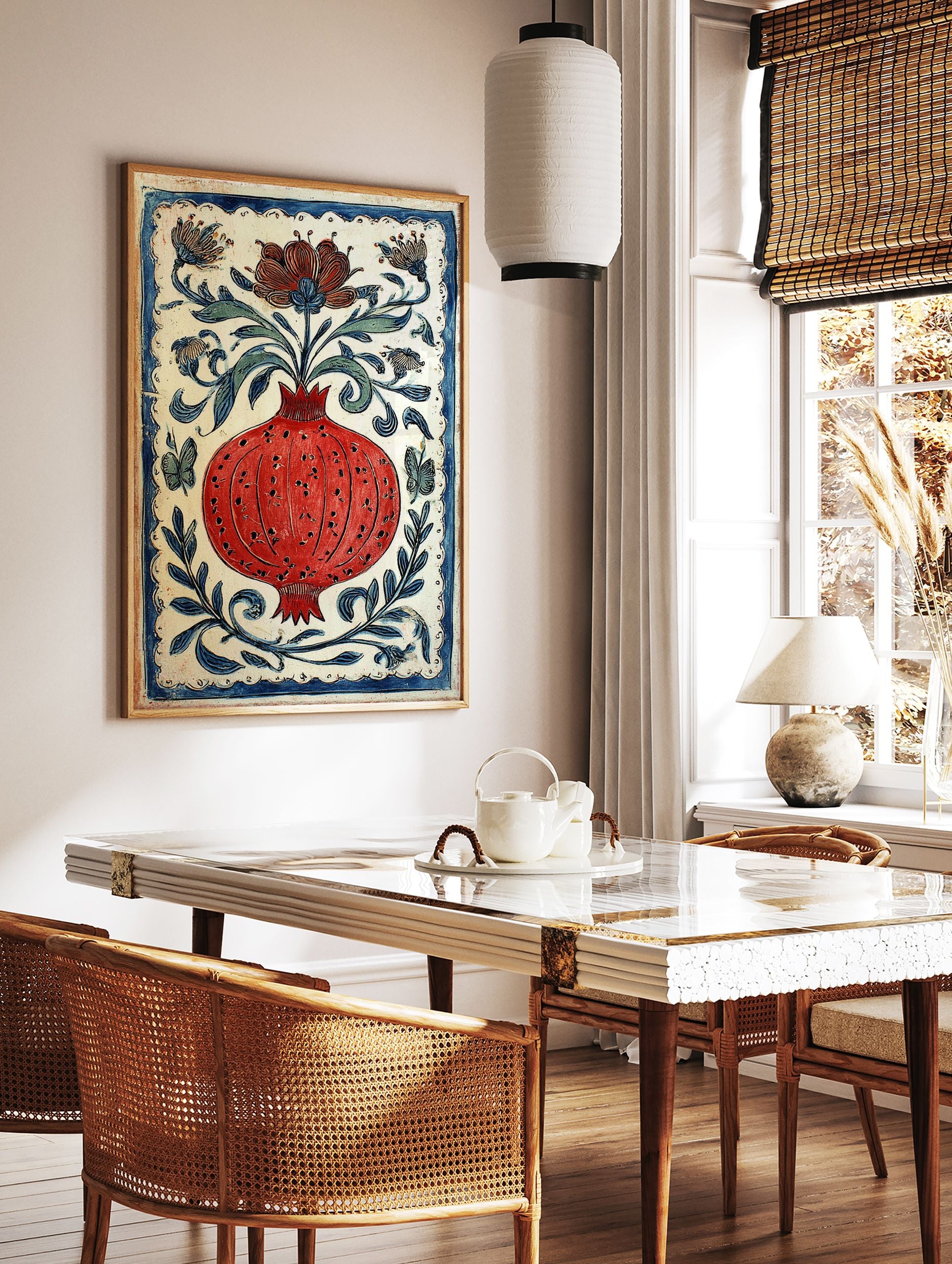 Vibrant red pomegranate poster with a blue border, surrounded by blue and green leaves, flowers, and butterflies on a white background. - Image 2