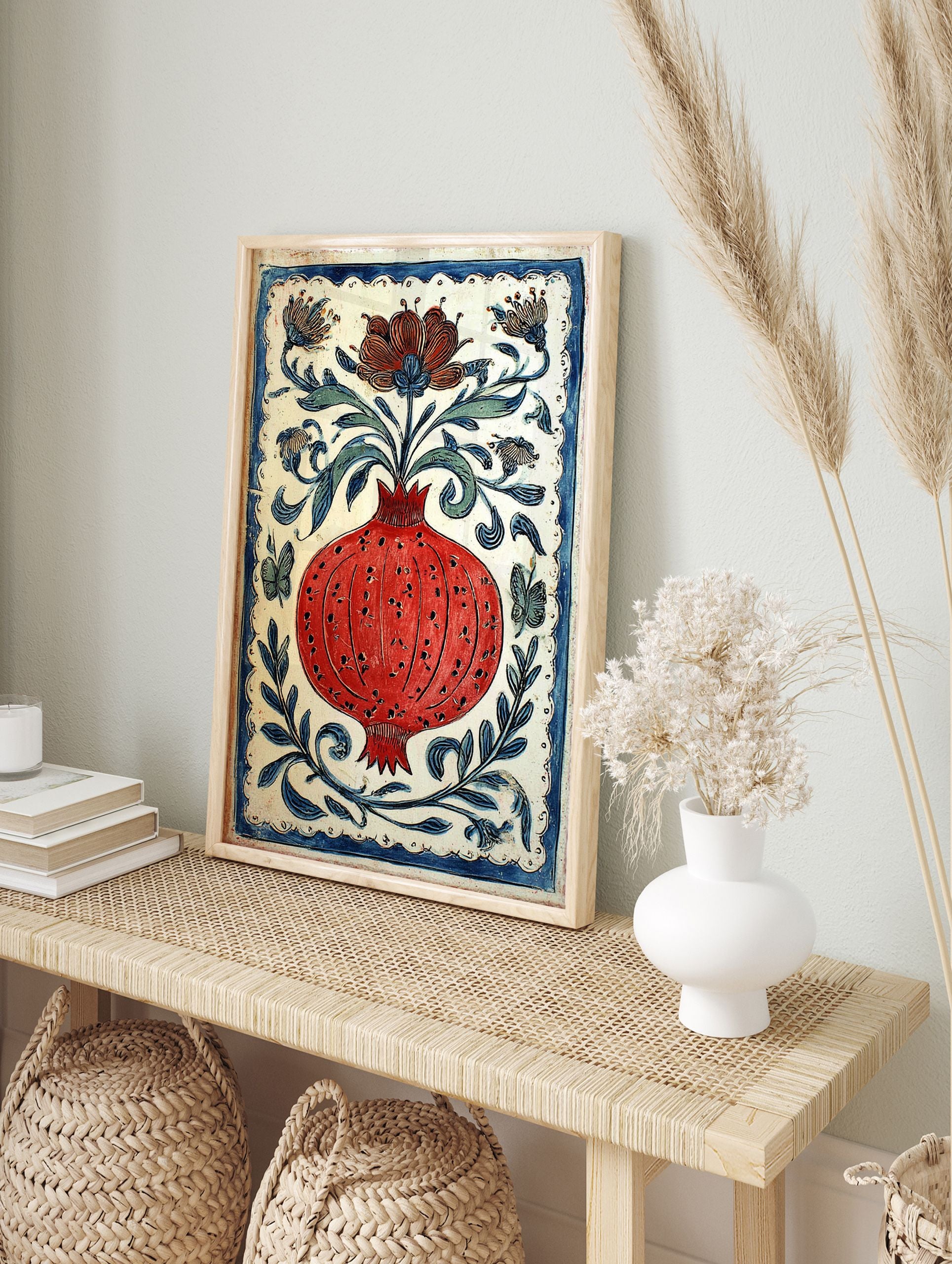 Vibrant red pomegranate poster with a blue border, surrounded by blue and green leaves, flowers, and butterflies on a white background. - Image 4