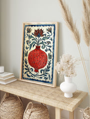 Vibrant red pomegranate poster with a blue border, surrounded by blue and green leaves, flowers, and butterflies on a white background. - Image 4