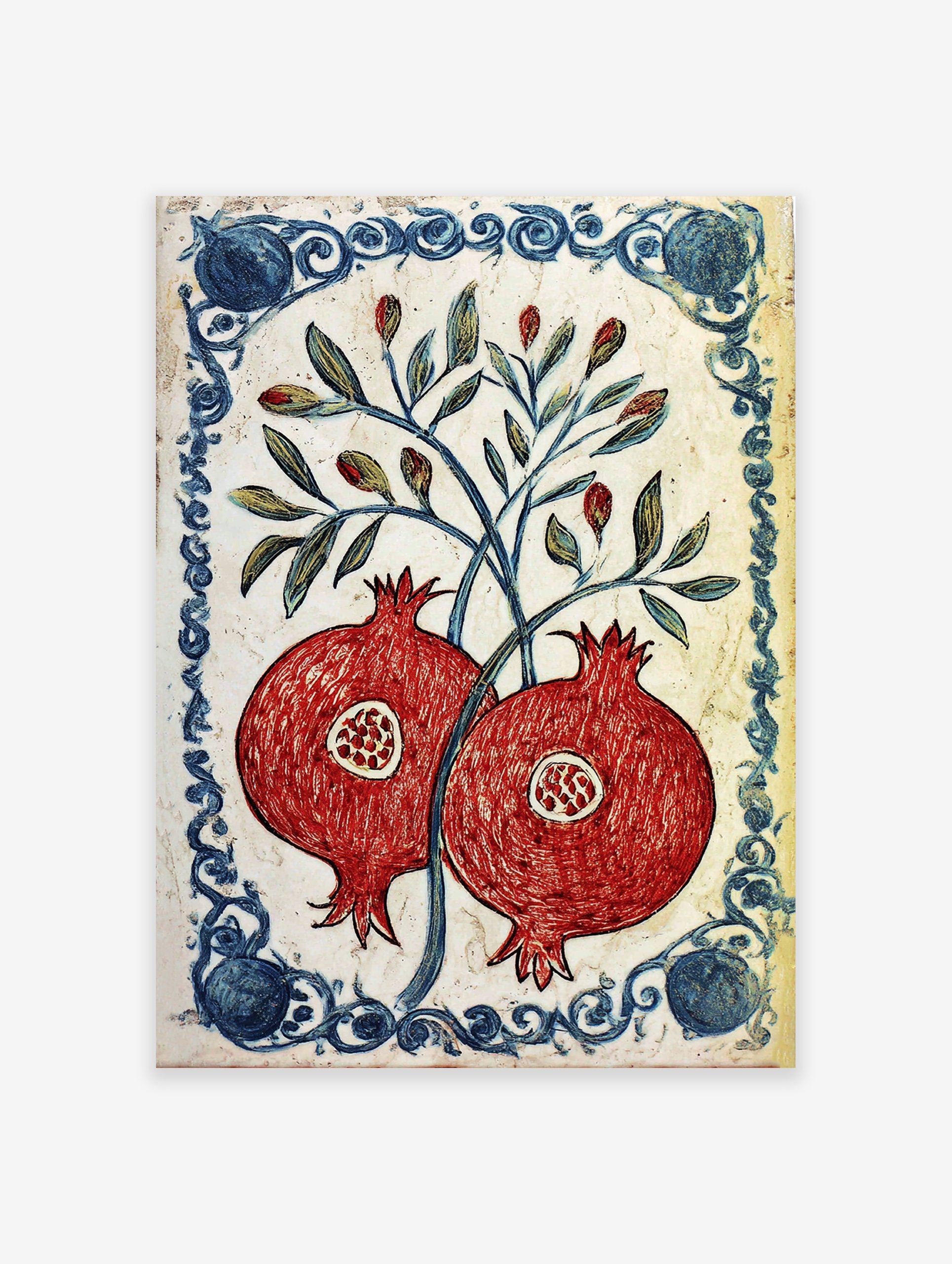 Red pomegranate botanical poster with green leaves and a blue decorative border on a white background, in a traditional illustrative style.