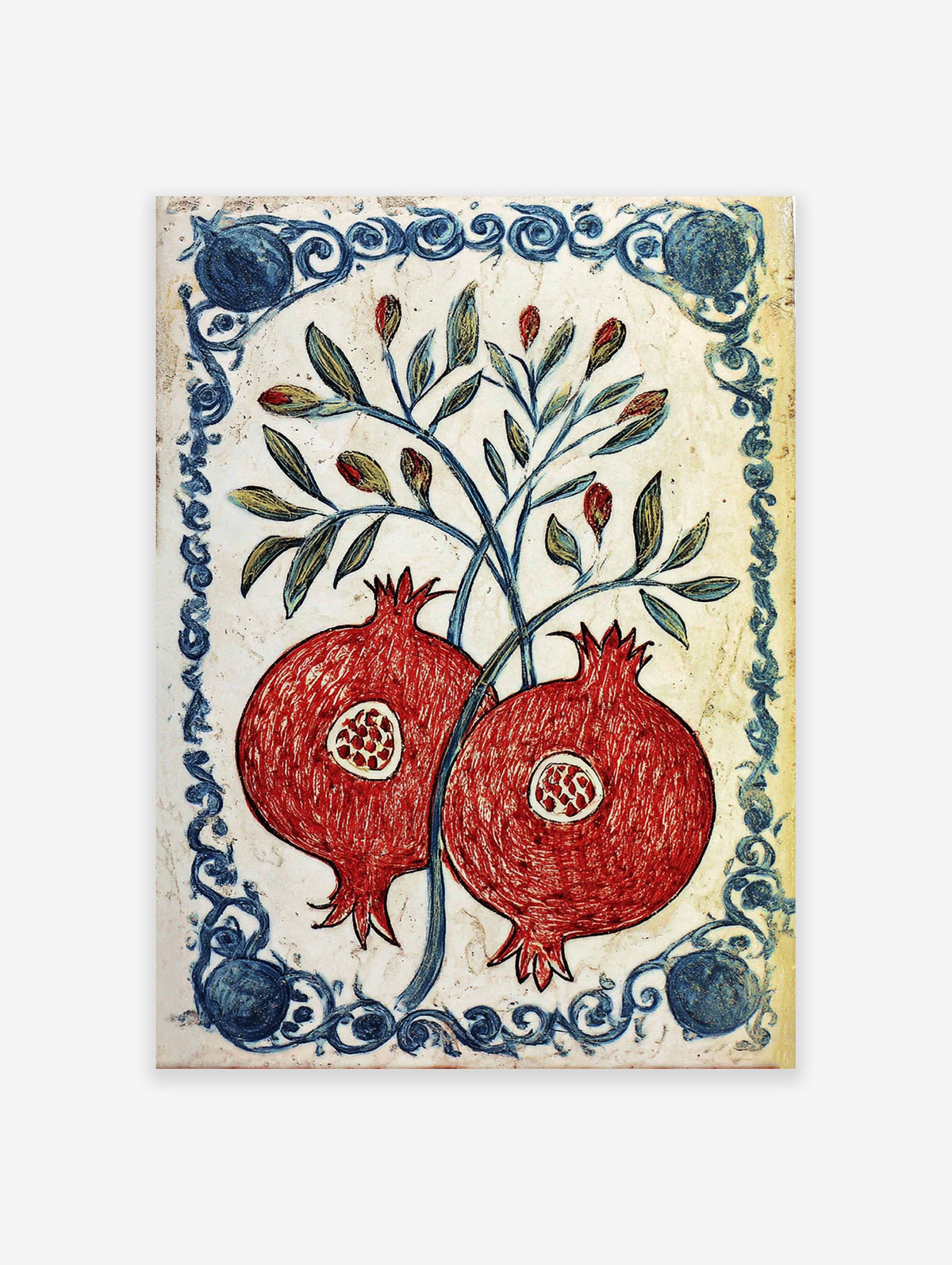 Red pomegranate botanical poster with green leaves and a blue decorative border on a white background, in a traditional illustrative style.