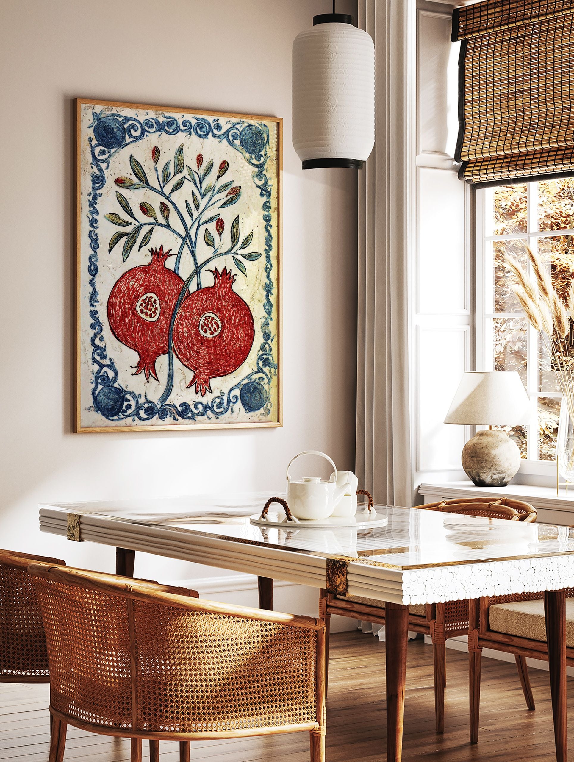 Red pomegranate botanical poster with green leaves and a blue decorative border on a white background, in a traditional illustrative style. - Image 2