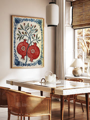 Red pomegranate botanical poster with green leaves and a blue decorative border on a white background, in a traditional illustrative style. - Image 2
