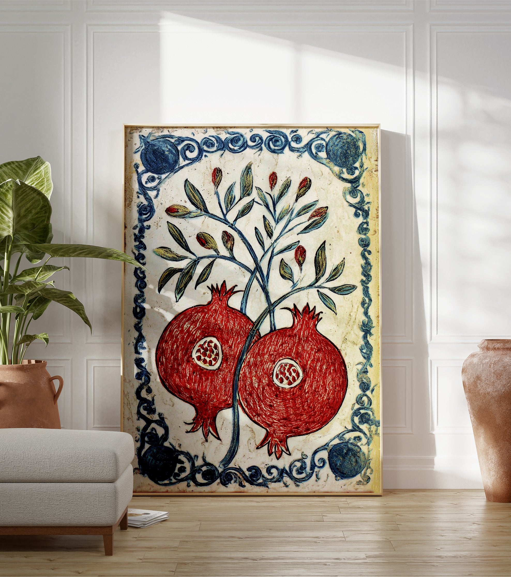 Red pomegranate botanical poster with green leaves and a blue decorative border on a white background, in a traditional illustrative style. - Image 3