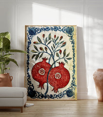 Red pomegranate botanical poster with green leaves and a blue decorative border on a white background, in a traditional illustrative style. - Image 3