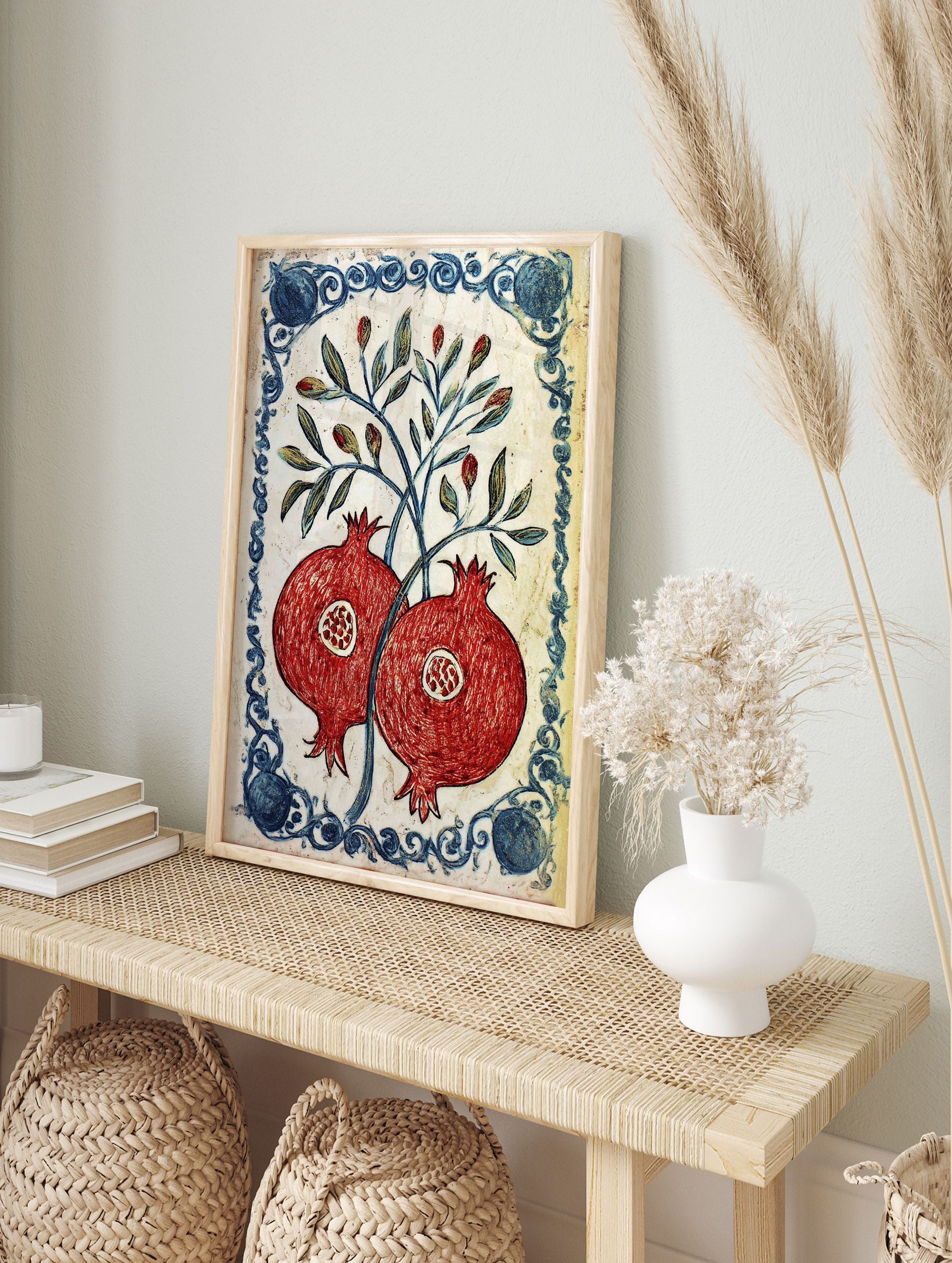 Red pomegranate botanical poster with green leaves and a blue decorative border on a white background, in a traditional illustrative style. - Image 4