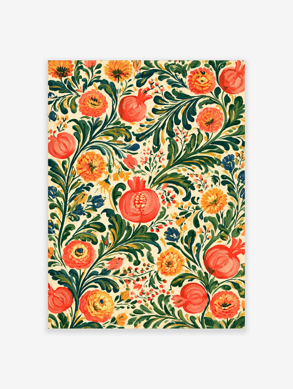 Red pomegranate and orange flower botanical pattern art print on cream background