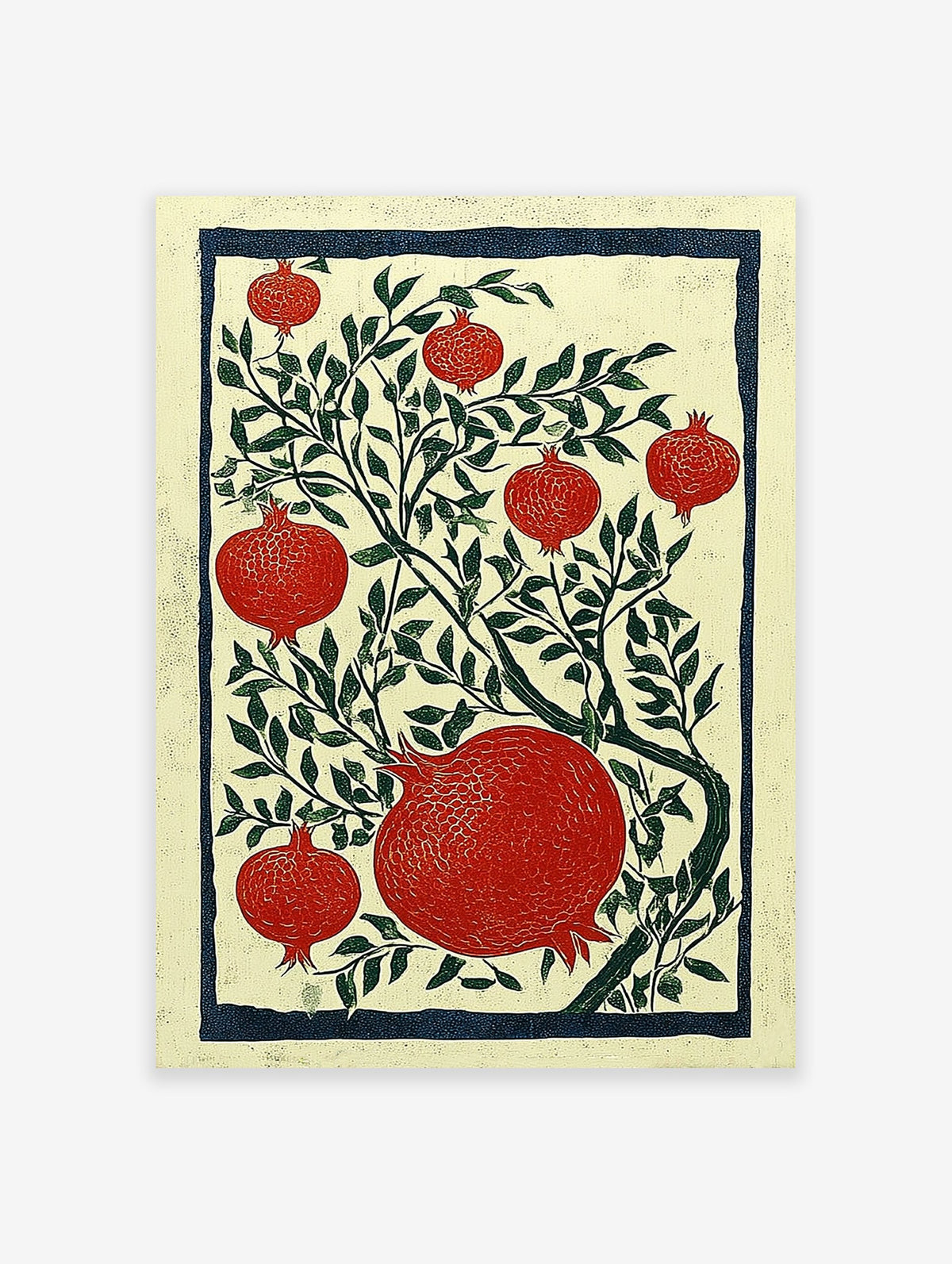 Red pomegranate botanical illustration art print with green leaves and a dark blue border on a cream background.