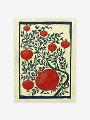 Red pomegranate botanical illustration art print with green leaves and a dark blue border on a cream background.