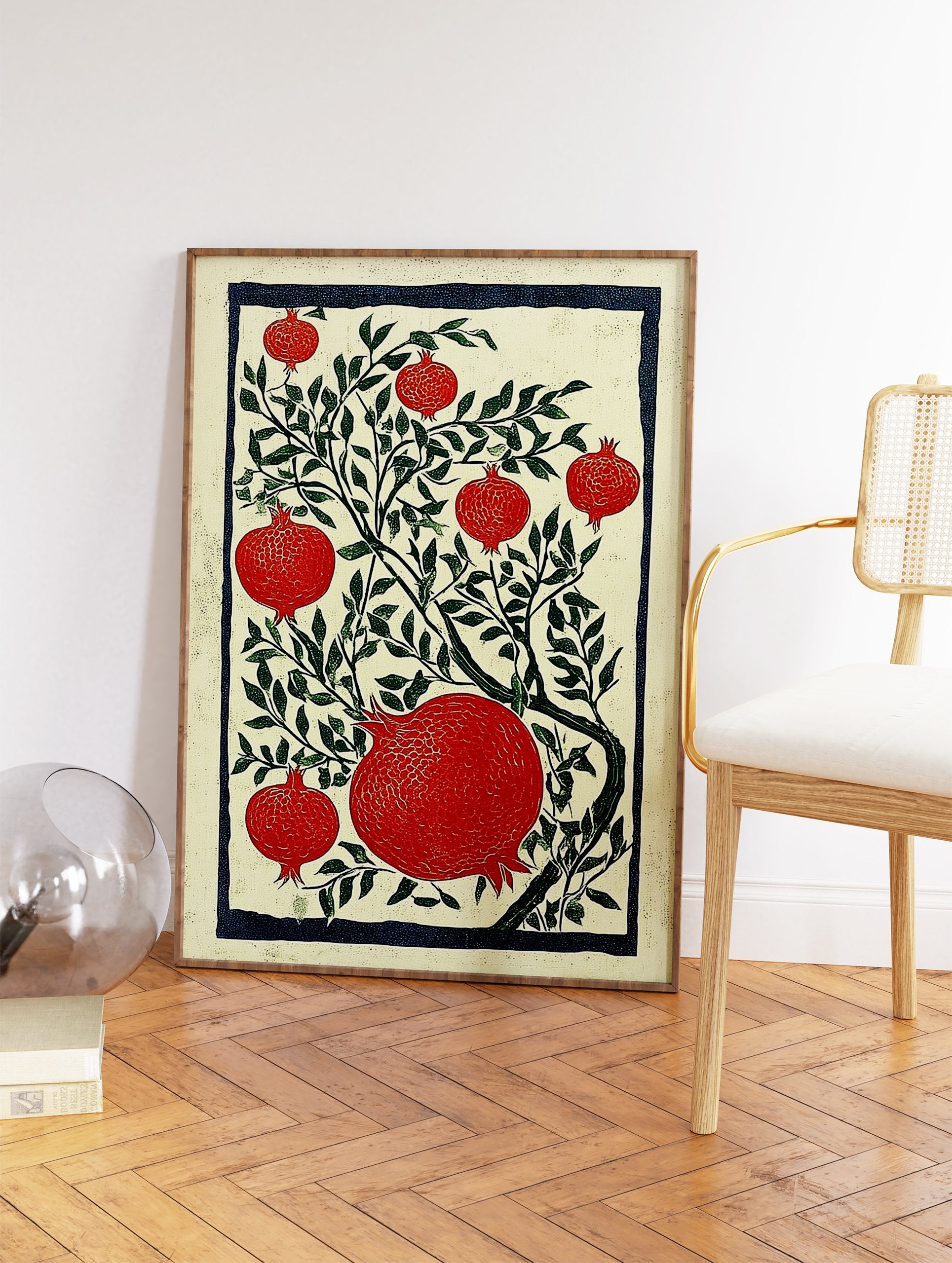 Red pomegranate botanical illustration art print with green leaves and a dark blue border on a cream background. - Image 2