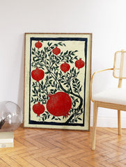 Red pomegranate botanical illustration art print with green leaves and a dark blue border on a cream background. - Image 2