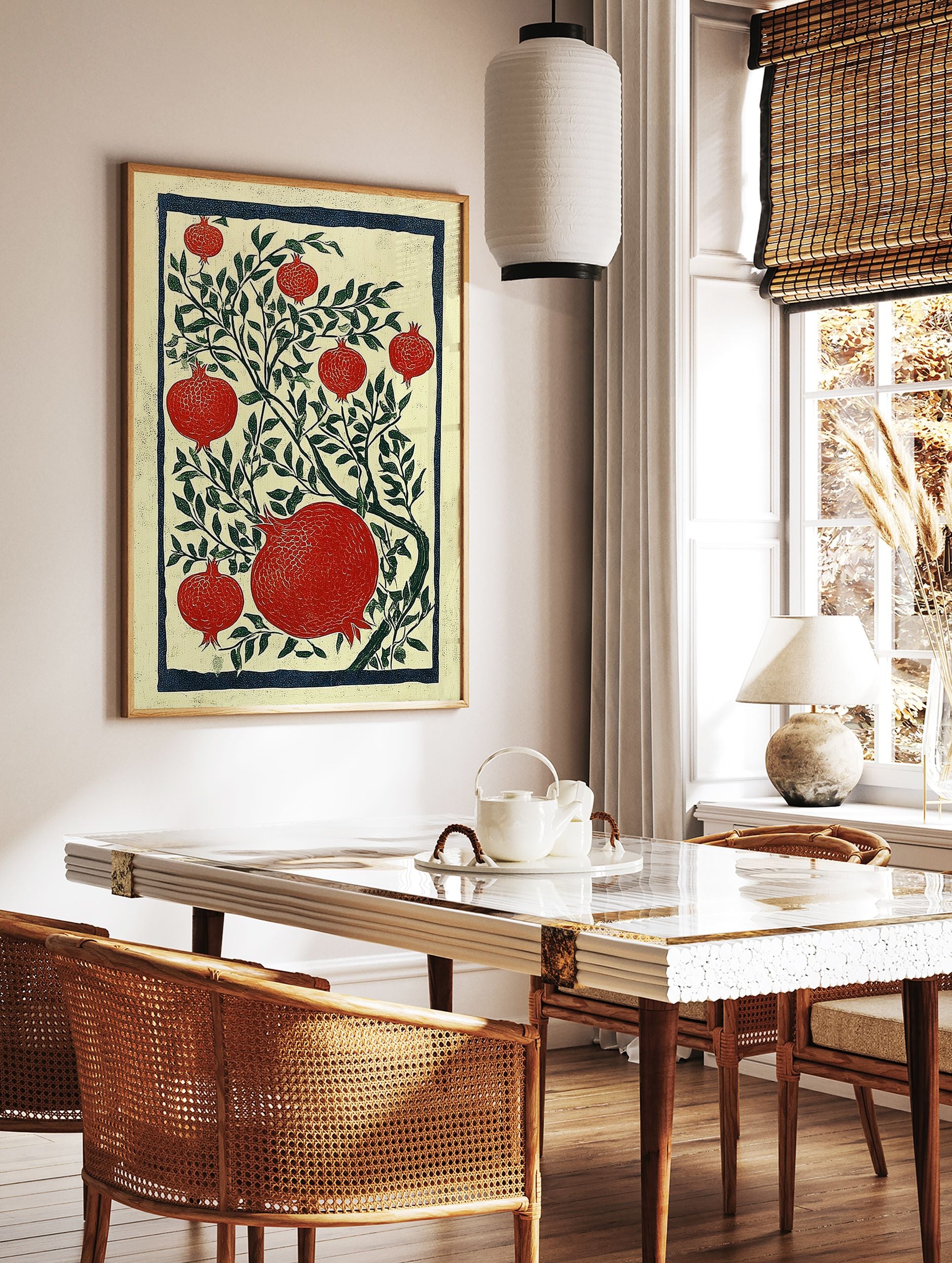 Red pomegranate botanical illustration art print with green leaves and a dark blue border on a cream background. - Image 3