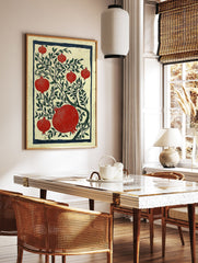 Red pomegranate botanical illustration art print with green leaves and a dark blue border on a cream background. - Image 3