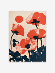 Red poppy flower wall art with a retro halftone dot effect and a circular sun motif on a cream background