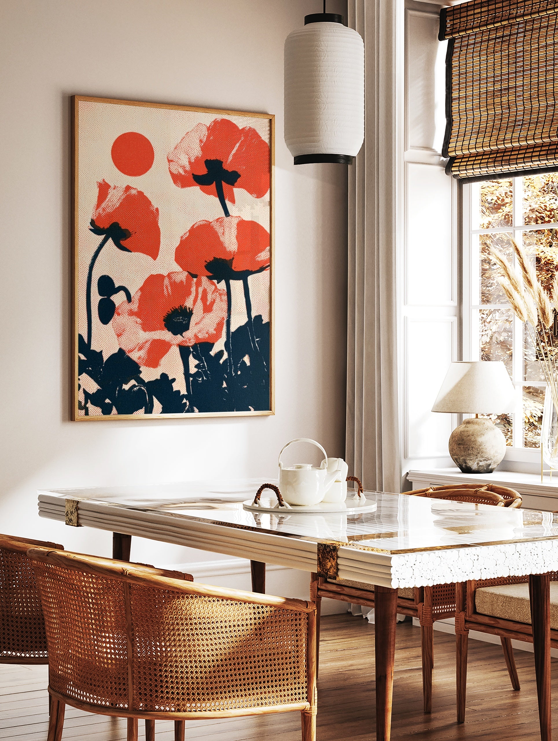 Red poppy flower wall art with a retro halftone dot effect and a circular sun motif on a cream, in a styled room mockup
