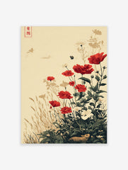 Illustrative print of red poppies, white flowers, green foliage, a brown rabbit, and flying birds on a cream background
